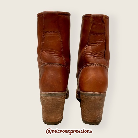 Frye Karen Cognac Leather Combat Lace Up Combat Wood Block Heeled Ankle Booties - Picture 8 of 14